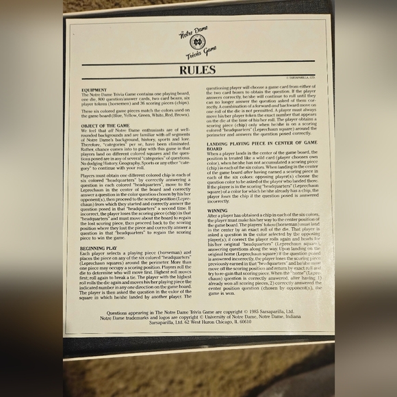 Vintage Notre Dame 1985 Trivia Game Fighting Irish College All Pieces - Picture 5 of 7